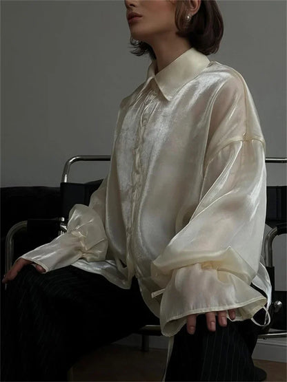 Casual Loose See-Through Shirts Coat Female Lapel Long Sleeve Lace-Up 2025 Summer Outwear Women’s Solid Patchwork Blouse