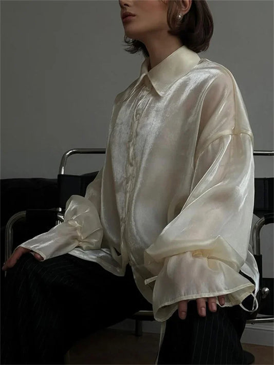 Casual Loose See-Through Shirts Coat Female Lapel Long Sleeve Lace-Up 2025 Summer Outwear Women’s Solid Patchwork Blouse