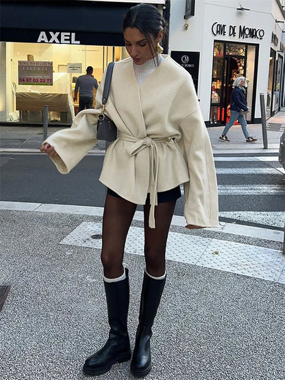 Lace-Up White V-Neck Overcoat Female Loose High Street Long Sleeve Autumn  Patchwork Coat Women&#8217;s Bandage Outwear New
