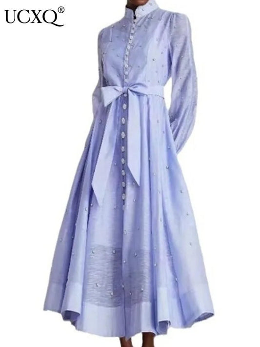 Elegant Long Dress British Style Fashion Beading Single Breasted Design Gentle Temperament Dresses Women 2025 Spring Autumn
