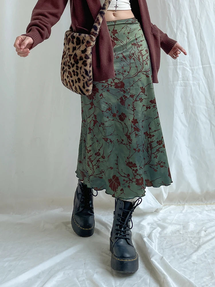 Retro Green Floral Print Y2K Long Skirts For Women Vintage Aesthetic Frills Hem Cute Preppy Outfits