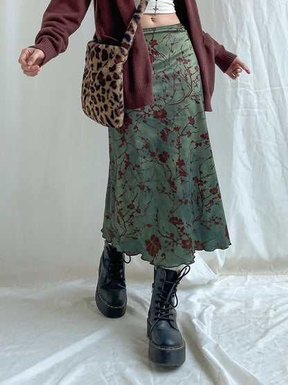 Retro Green Floral Print Y2K Long Skirts For Women Vintage Aesthetic Frills Hem Cute Preppy Outfits