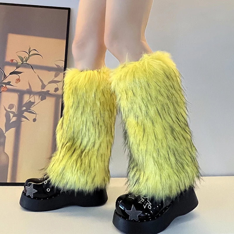 Luxury Brand Runway Fashion Fluffy Faux Fox Leg Warmers Women Thick Warm Furry Boot Covers Chic Harajuku Hot Y2k Girls Legcovers