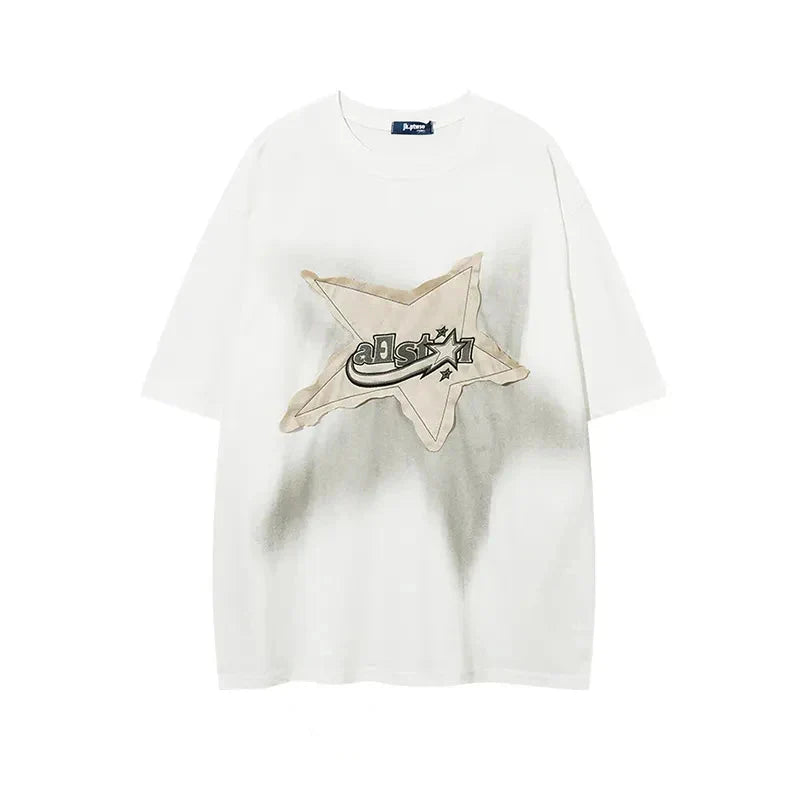 Y2K Vintage Star Printing T Shirt Bf 100% Cotton Loose Streetwear Casual Tops Harajuku Hip Hop T Shirt