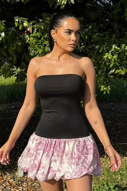 Printed Strapless High Waist Mini Dress