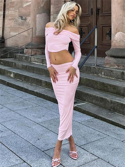 Casual Off-Shoulder 2 Piece-Set Maxi Skirt For Women Patchwork Long Sleeve Pullover Top And Long Skirt Sets Female Outfits