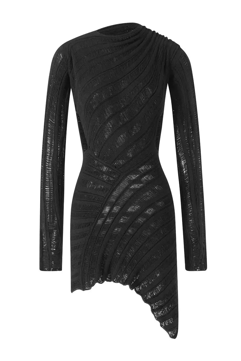 Knitted Bodycon Mini Dress with Hollow Out Long Sleeves