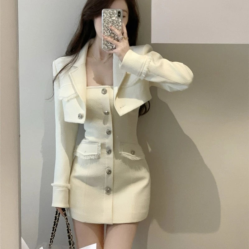 Elegant Autumn New Tweed Two-piece Set Women Long Sleeve Short Jacket Strapless Bodycon Mini Dress Korean Fashion Luxury Outfits