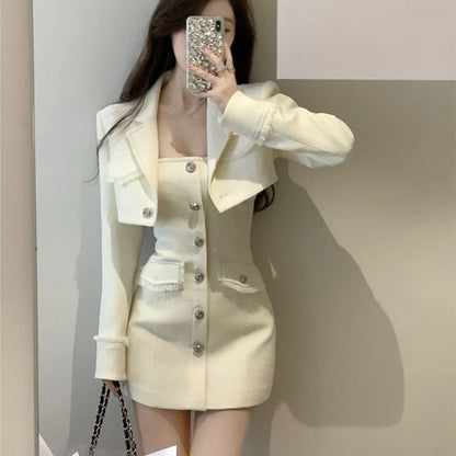 Elegant Autumn New Tweed Two-piece Set Women Long Sleeve Short Jacket Strapless Bodycon Mini Dress Korean Fashion Luxury Outfits