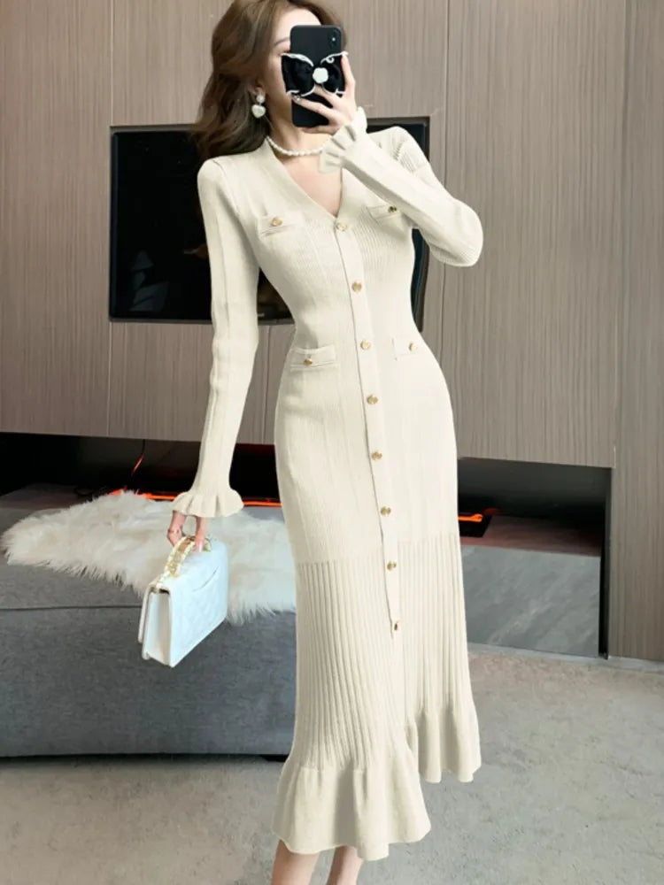 Autumn Solid Knitted Dresses for Women Single Breasted Chic Flared Sleeve Ruffles Hem Casual  Female Office Elegant Robes