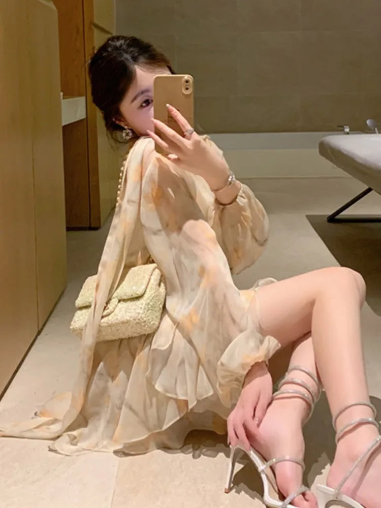 Elegant Chiffon Short Dresses for Women V-neck Lantern Sleeves Ruffles A-line Summer New Holiday Style Printed Vestidos Mujer