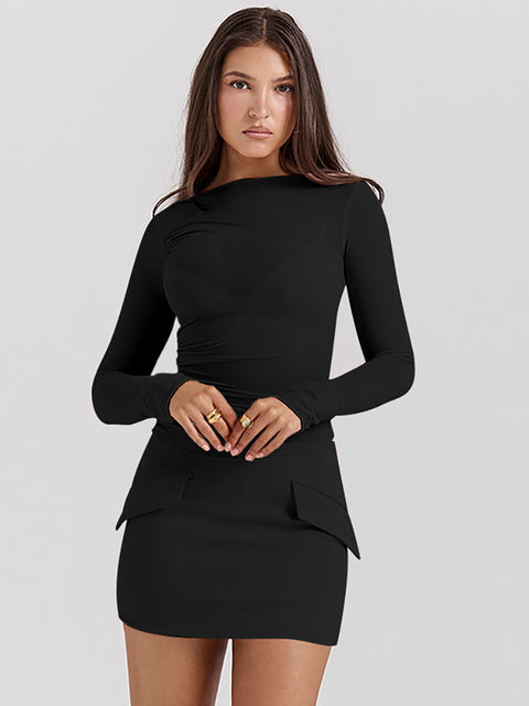 JULISSA MO Patchwork Round Neck 3 piece Sets Women Skirt Suit Pink Long Sleeve T-shirt Mini Skirt Autumn Slim Elegant Skirt Sets