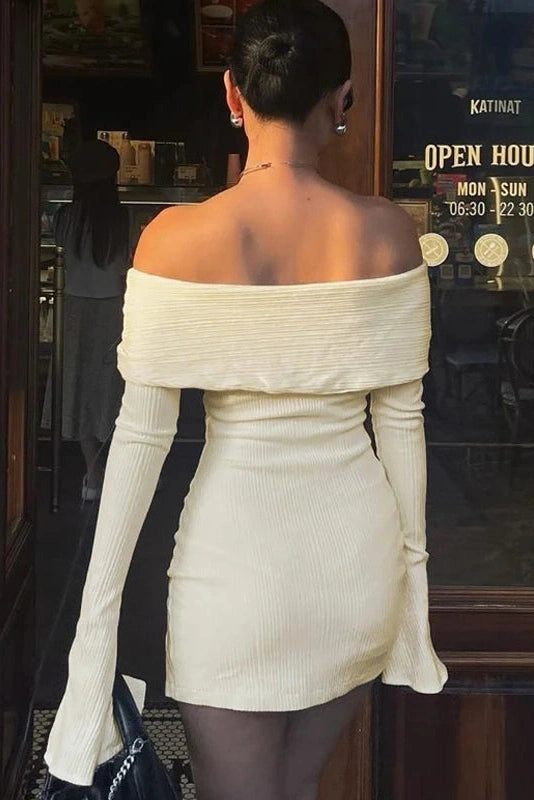 Off-Shoulder Lace Up Mini Dress with Flare Sleeves and Split Hem