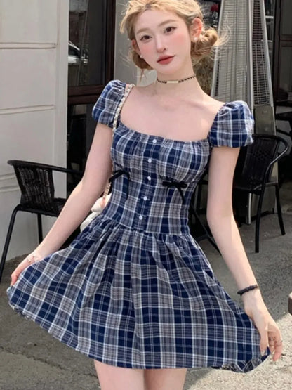 Y2K Plaid Short Dresses for Women Princess Birthday Party Dress Puff Sleeve Square Collar Bow Prom Summer Mini Vestidos Mujer
