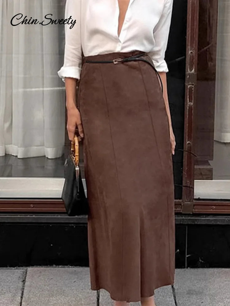 Vintage Suede Brown Skirts Women Fashion Pleated Slim Zipper Office Lady Skirts  Elegant Female High Waist Party Wear New