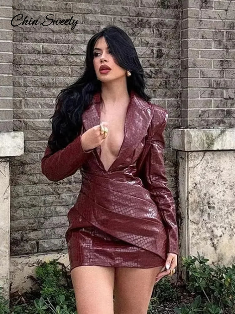 Sexy Burgundy Deep V Leather Mini Dress Women Lattice Shoulder Pads Long Sleeve High Waist Fold Dresses Lady Slim Short Robes