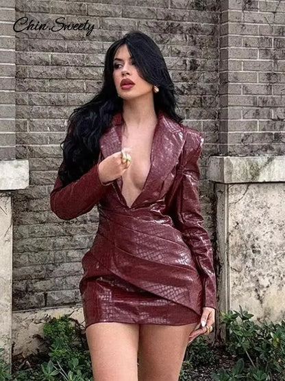 Sexy Burgundy Deep V Leather Mini Dress Women Lattice Shoulder Pads Long Sleeve High Waist Fold Dresses Lady Slim Short Robes