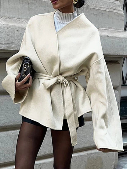 Elegant Woolen Long Sleeve Coat With Belt Women Loose Casual V-neck Solid Short Overcoat Autumn Vintage Lady Thick Warm Outwear