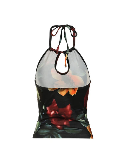 Vintage Aesthetic Big Floral Print Slim Backless Tie Halter Top Women Summer Vacation Tank Vest