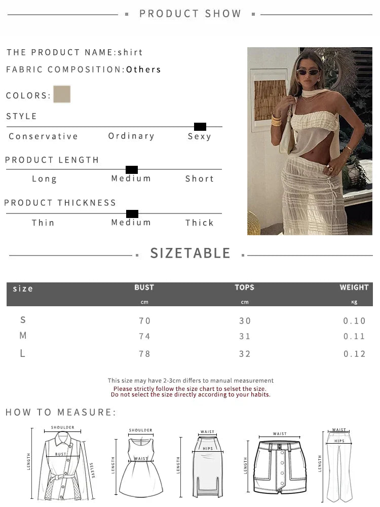 Beach Party Two-Piece Set See Through Scarf Mini Wrap Top Mesh Irregular Hem+Multi-Pleated Bottoms Matching Pretty Suits
