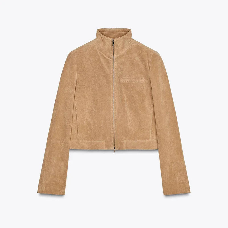 Stand Collar Suede Leather Jacket Coat Zipper Retro Long Sleeved Casual Biker Jackets Loose Fashion Front Shoulder Short Outwear
