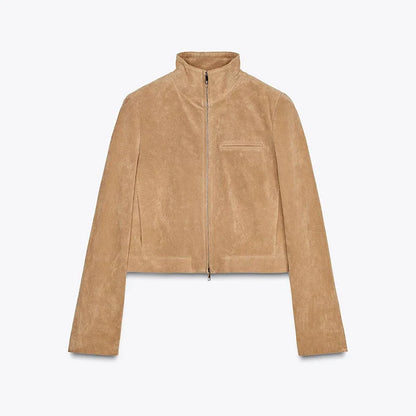 Stand Collar Suede Leather Jacket Coat Zipper Retro Long Sleeved Casual Biker Jackets Loose Fashion Front Shoulder Short Outwear