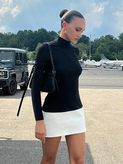 Turtleneck Splice Long Sleeve Mini Dress Women’s Fashion Contrast Color Bodycon Sexy Dresses Autumn New Club Party Dress