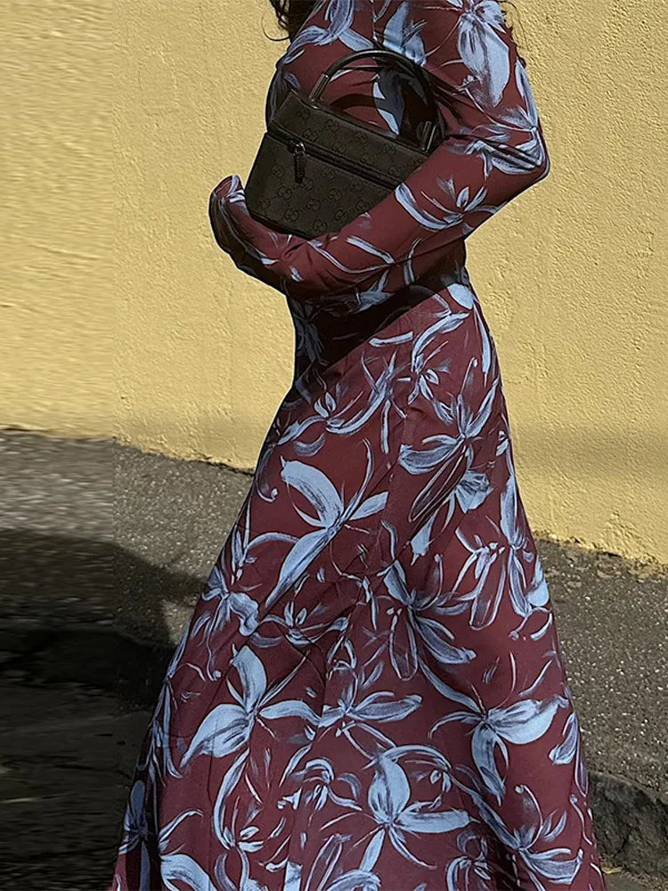 Retro Printed O-neck Holiday Dress Women Elegant Full Sleeve Waist-cinching Long Dresses Female 2025 Summer Chic Street Vestidos