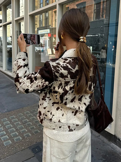 Chic Contrast Color Printed Demi-season Jacket For Women Fashion Lapel Single Breasted Lapel Coat 2024 New Lady High Streetwear