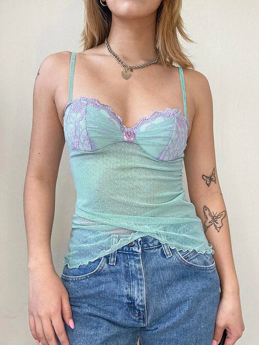 Voguable   Dot Print Lace Corset Flower Appliques Milkmaid See Through Crop Top Y2K Camis Transparent Aesthetic Tanks