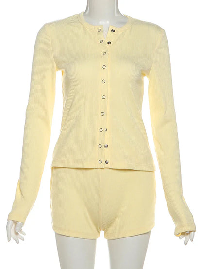 Leisure Stretch 2-Piece Set Women Single-Breasted Long Sleeves o-Neck Blouse+Basis Shorts Simple Classic Street Suits