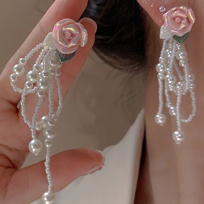 Korean Fashion Pink Flower Pearl Tassel Earrings for Women Luxury Fairy Jewelry