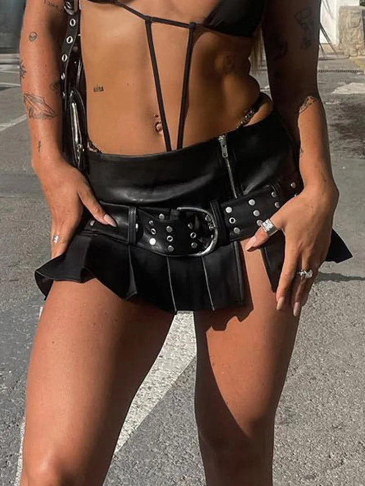 Punk Gothic Zipper Split Black PU Leather Pleated Skirt With Rivet Belt Women Sexy Baddie Outfits