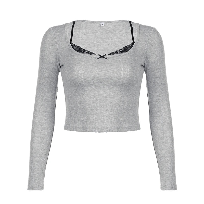 Voguable Y2K Contrast Color Lace Patchwork Fake Two-piece Cropped Top Slim-fit Long Sleeve Knitted T-shirt Cute