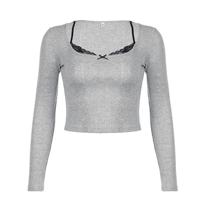 Voguable Y2K Contrast Color Lace Patchwork Fake Two-piece Cropped Top Slim-fit Long Sleeve Knitted T-shirt Cute