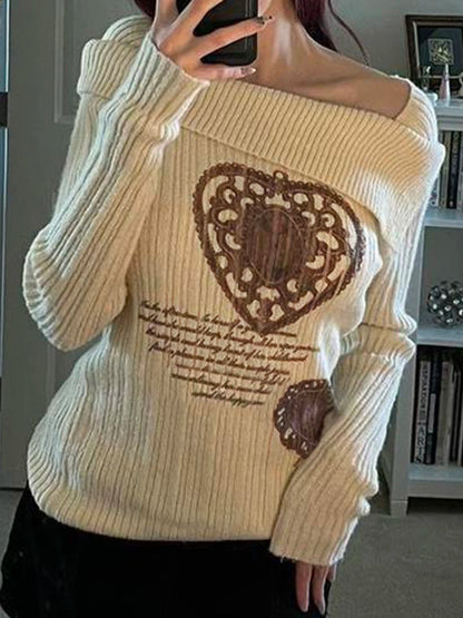 White Autumn Winter New Sweater Women Long Sleeve Y2k Retro Heart Print Top Off Shoulder Hotsweet Slim Pullovers