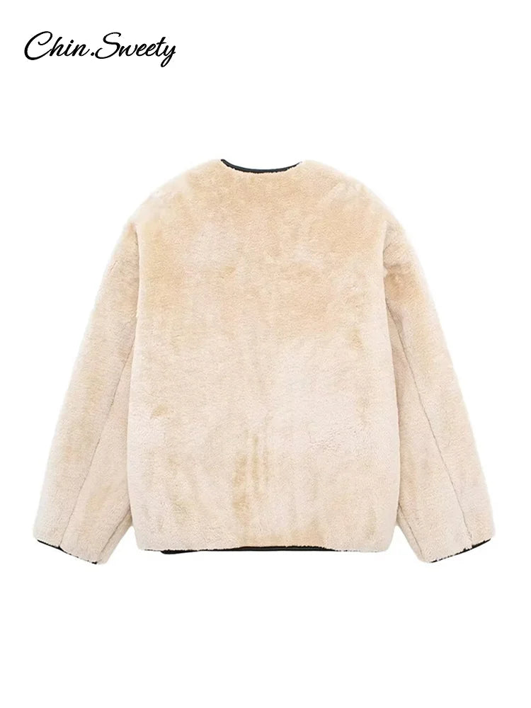 Vintage Lambs Wool Jacket For Women Loose Fleece O-neck Single Breasted Pockets Long Sleeve Fur Coat Autumn Winter Lady Outwear