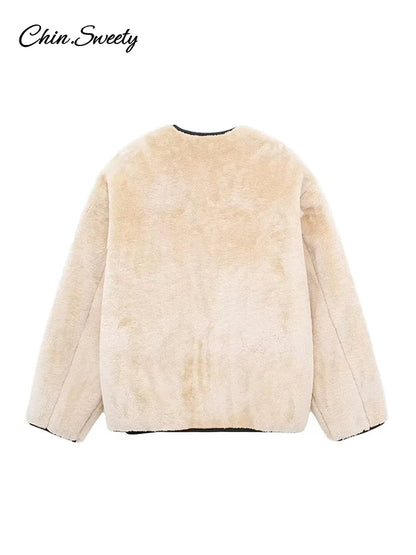 Vintage Lambs Wool Jacket For Women Loose Fleece O-neck Single Breasted Pockets Long Sleeve Fur Coat Autumn Winter Lady Outwear