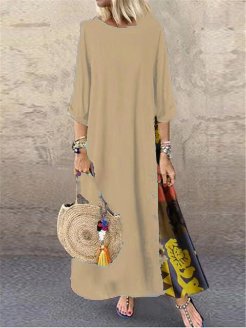 Cotton Linen Vintage Long Dresses Women Three Quarter Sleeves Splicing Print Loose A-line Dress Fashion Casual Lady Maxi Vestido