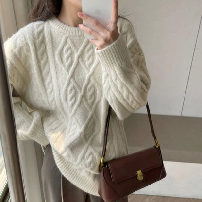 Thick Twisted Sweater Women Autumn Long Sleeve O-neck Female Knitted Pullover Solid Casual Loose Lady Kintwear Tops