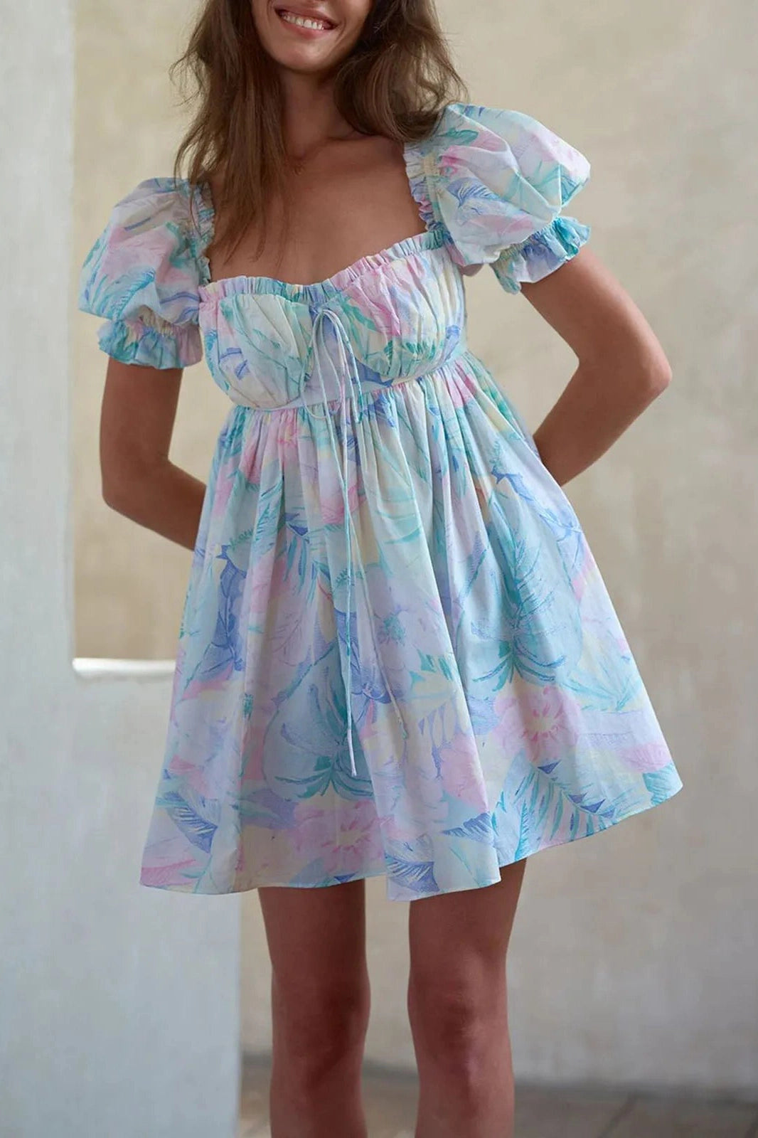 Square Collar Puff Sleeve Mini Dress