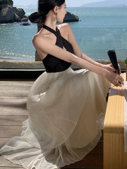 Elegant Patchwork Ruffles Cake Dresses for Women Halter Sleeveless Backless Evening Party Dress Prom A-line One Piece Vestido