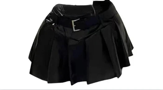 Voguable Cool Black Slim Fit Strapless Tops Women+ Y2k E-Girl High Waist Ruched A-line Skirts Leather Two Piece Sets