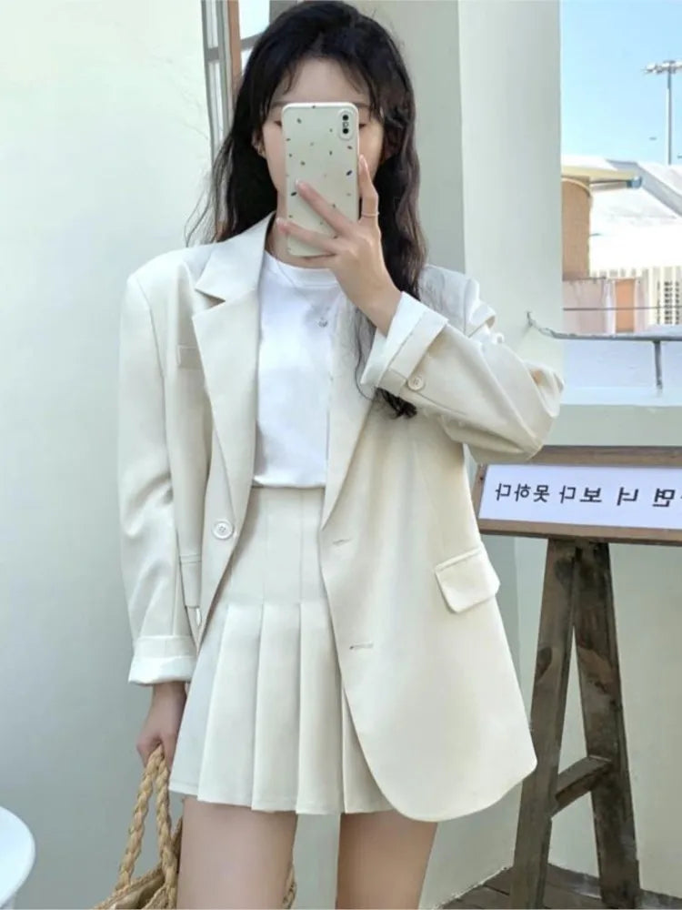 Korean Fashion Solid Two-piece Skirt Set Women Single Breasted Blazer Coat + Pleated Mini Skirt Autumn Office Lady Casual Suits