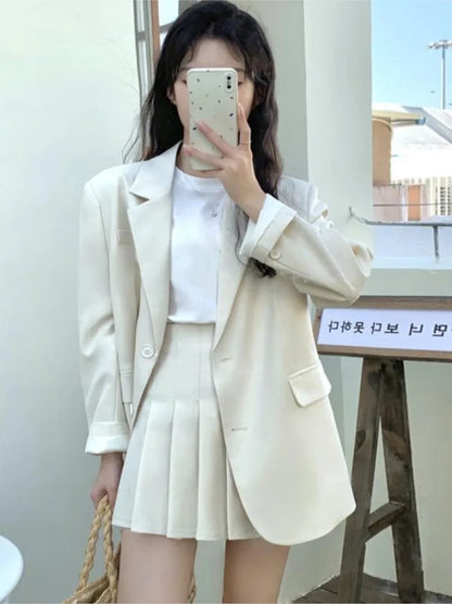 Korean Fashion Solid Two-piece Skirt Set Women Single Breasted Blazer Coat + Pleated Mini Skirt Autumn Office Lady Casual Suits