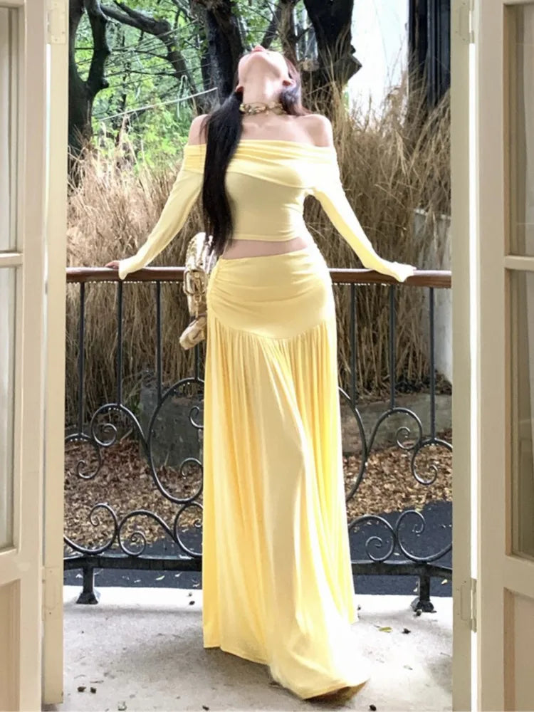 Autumn Women’s Solid Two-piece Skirt Set Slash Neck Cropped Top High Waist Long Skirt Korean Fashion Ladies Outfits Streetwear