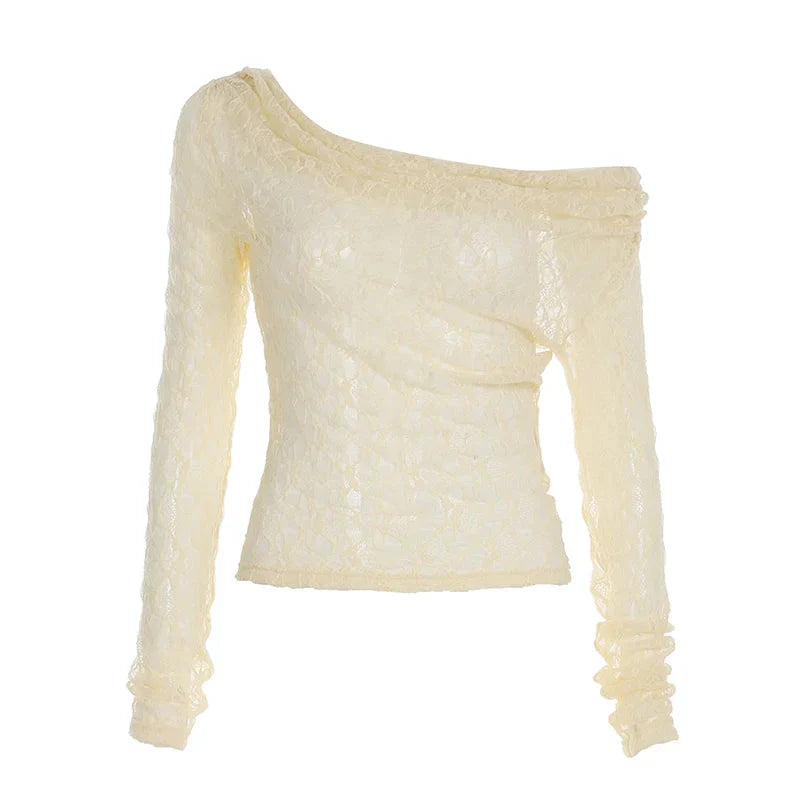 Transparent Lace Crop Top Asymmetrical Off-shoulder Long Sleeve Smock T-shirts Casual Tees y2k Vintage Tees