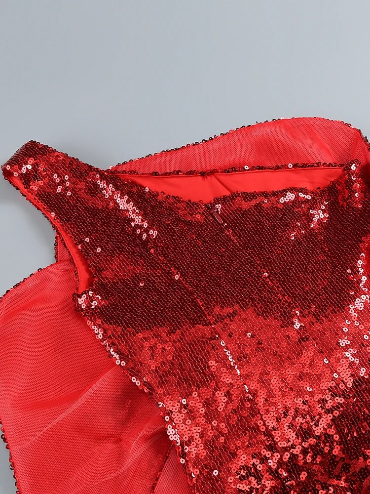 Odalys One Shoulder Red Sequin Mini Dress with 3D Flowers