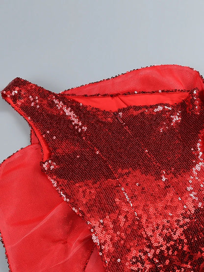 Odalys One Shoulder Red Sequin Mini Dress with 3D Flowers
