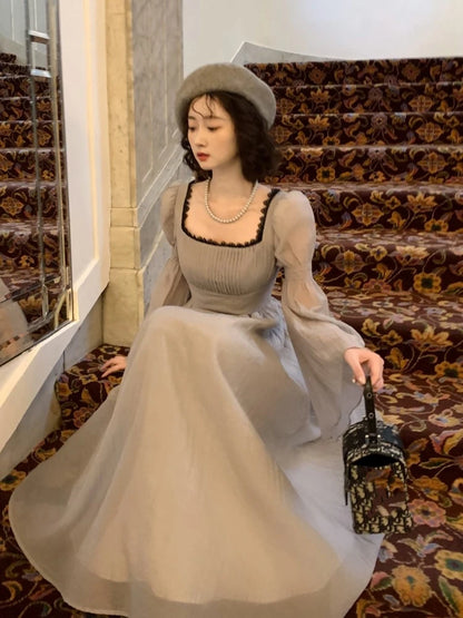 Autumn Princess Midi Dresses for Women Square Collar Flare Sleeve A-line Party Dress Slim Waist Korean One Piece Vestidos New